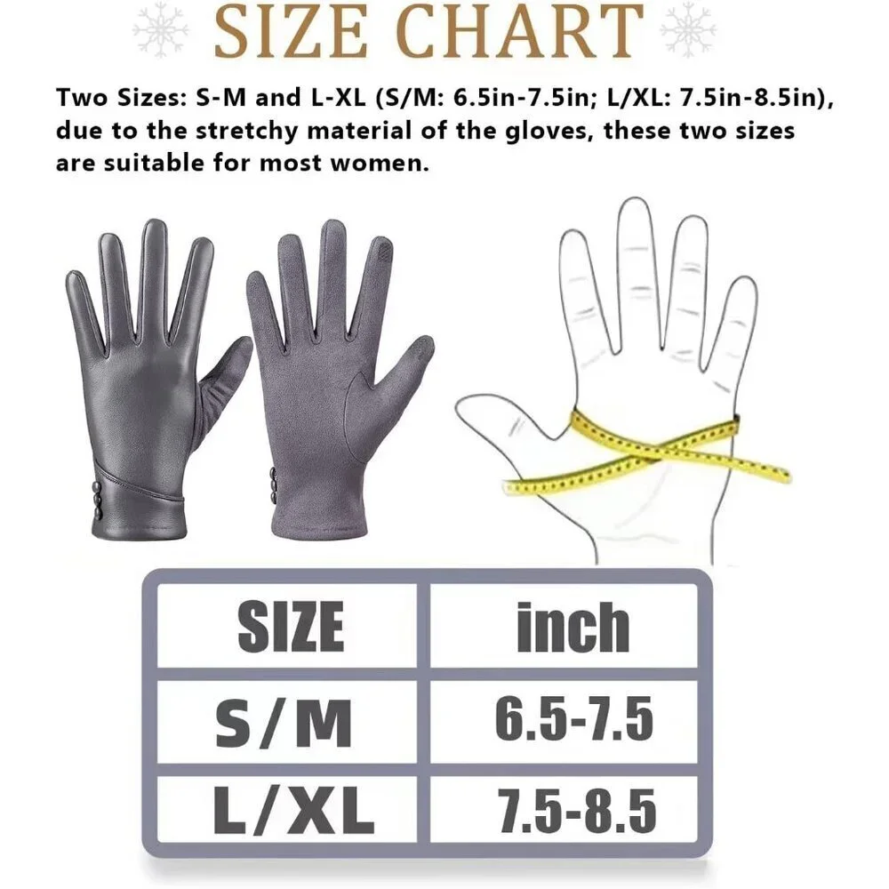 Women's Grey Winter Leather Suede Gloves Wool Lined Windproof Touchscreen